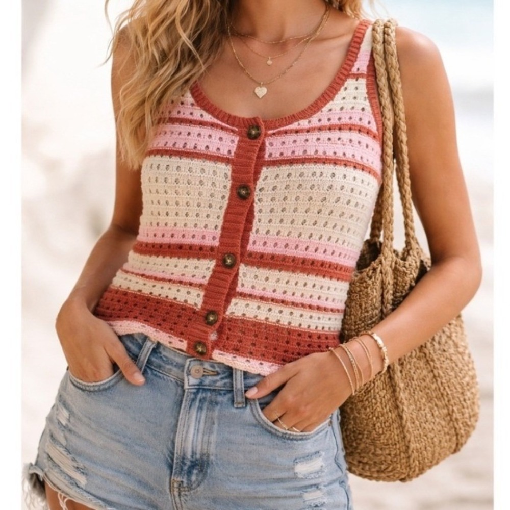 ANA Pink Striped Button Front Crochet Knit Tank Top Size XL Boho Coastal Cottage